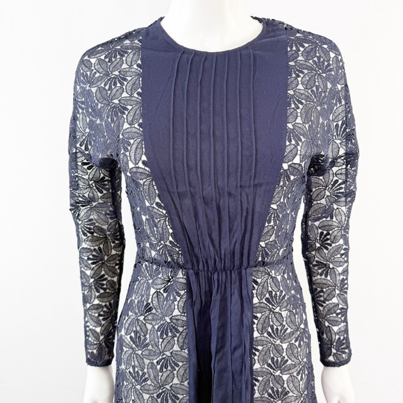 Maje Navy Blue REPINE Lace Mini Dress Size 4 Long Sleeve Formal Sheer Cocktail - Picture 3 of 11